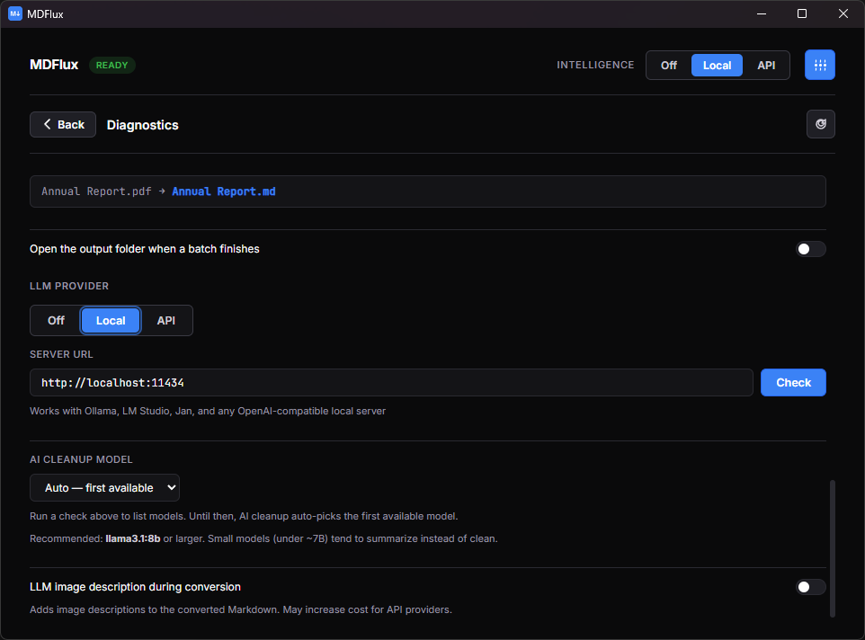 MDFlux cleanup mode selector: Off, Rule-based, Local AI, and API options