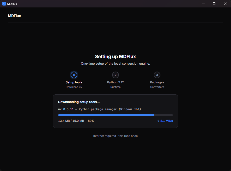 MDFlux first-run setup screen: provisions a private, self-contained Python environment